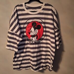 Disney Mickey Mouse Hot Topic Grey and White Striped Graphic Oversized T-Shirt